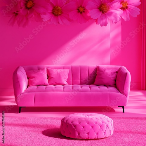 Bright Pink Couch and Pouf With Large Flowers in a Vibrant Room Filled With L...
