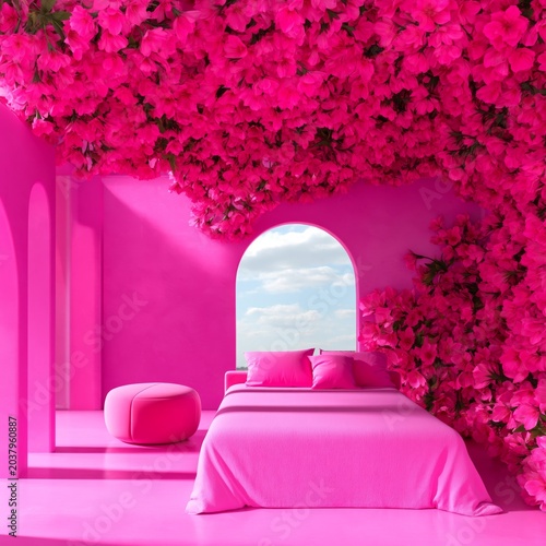 Bright Pink Couch and Pouf With Large Flowers in a Vibrant Room Filled With L...