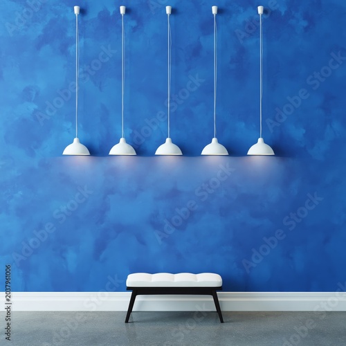 Interior Design of a Blue Room With a Bench and Hanging Lights in a Spacious ...