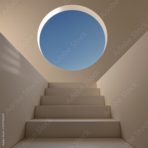 Light Comes Through a Circular Opening at the Top of a Stairway Leading to th...