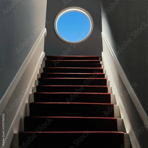 Light Comes Through a Circular Opening at the Top of a Stairway Leading to th...