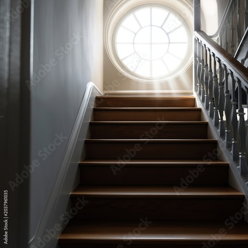 Light Shines Through a Round Window at the Top of a Staircase in a Building