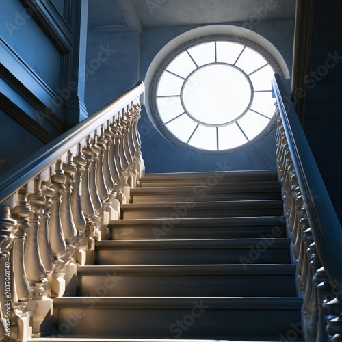Light Shines Through a Round Window at the Top of a Staircase in a Building