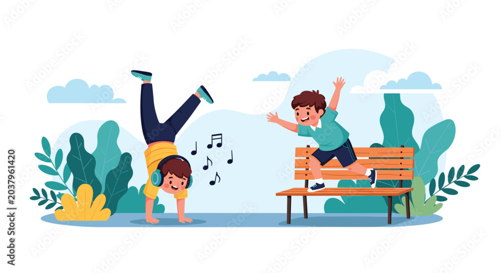 Fototapeta premium Energetic boy doing a handstand while listening to music through headphones as his friend plays on a park bench in a vibrant park.