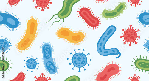 Seamless pattern background of various colorful microscopic bacteria and virus types on a light blue backdrop for health awareness.