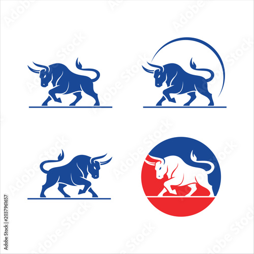 Minimalist bull logo vector featuring a strong stylized bull head with clean bold lines, symbolizing power, determination, strength, and confidence, isolated on white background.