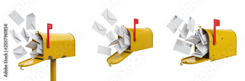 Set of yellow rural mailbox filled with letters isolated on white background for postal service, communication, and mailing business concepts.