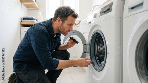 Man inspecting washing machine at home for maintenance and repair, checking inner components carefully. Proper inspection ensures efficiency and longevity of appliances at home.