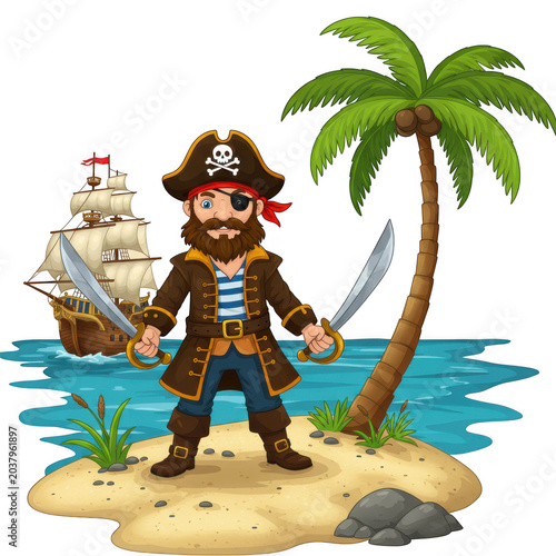 Cartoon pirate captain with cutlasses on tropical island isolated on transparent background