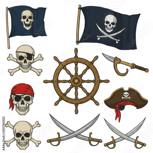 Pirate theme graphic elements collection isolated on transparent background