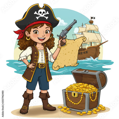 Cute girl pirate with treasure chest and map isolated on transparent background