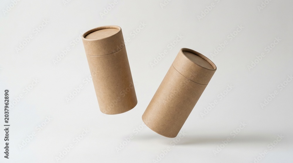 Obraz premium Two floating brown cardboard tubes with lids on a white background, perfect for product mockups.