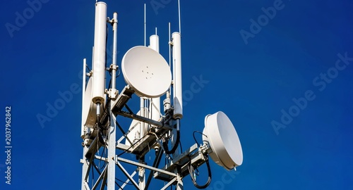 Telecommunication tower antennas transmitting cellular signals against a clear blue sky.

