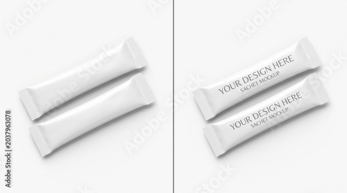 Two plain white elongated sachets for powder or liquid packaging mockup on a clean background.