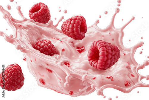 raspberry milk splash with raspberries isolated on white transparent background - design element cut-out object