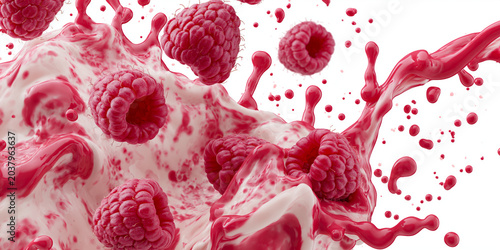 raspberry milk splash with raspberries isolated on white background