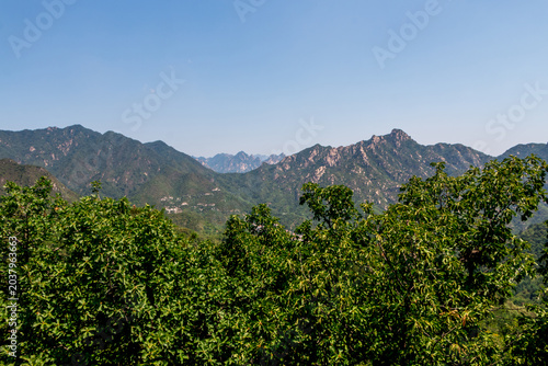View of the mountains near the Great Wall of China. Beautiful mountain landscape. Asia.