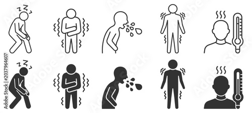 Canvas Print Disease symptom icons set including fatigue, stomach ache, vomiting, chills, fev