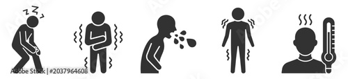 Photos collection of black silhouette icons showing symptoms of illness including fatig