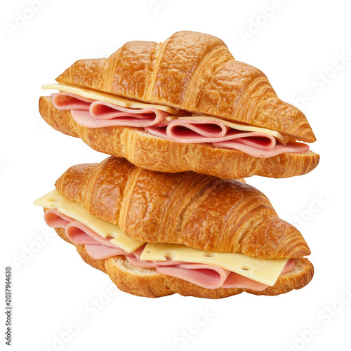 Two ham and cheese croissants stacked isolated on transparent background
