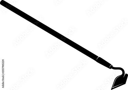 Black silhouette of a garden hoe tool with handle against white background

