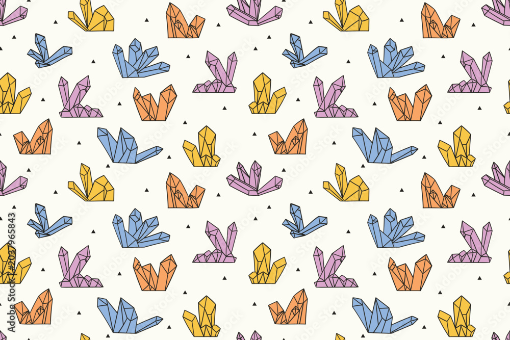 Obraz premium Seamless boho pattern with hand drawn colorful pastel crystal gems on a light cream background. This abstract geometric mineral design is ideal for trendy esoteric textile prints, wrapping paper.