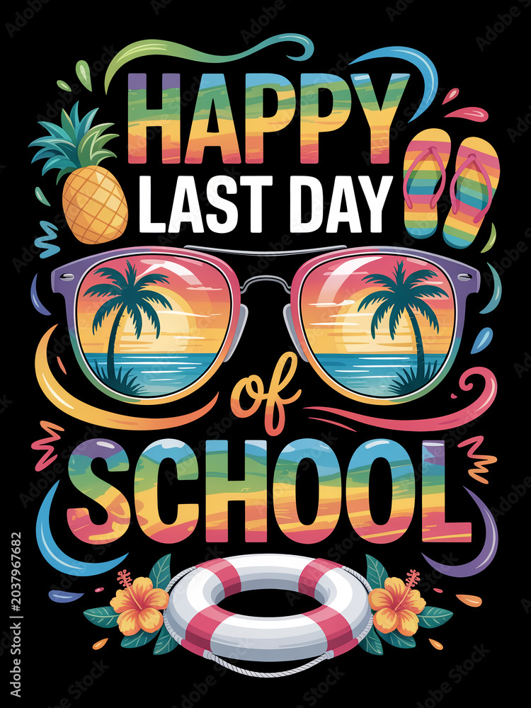 Obraz premium A vibrant graphic with the phrase 'Happy Last Day of School' surrounded by summer-themed elements.