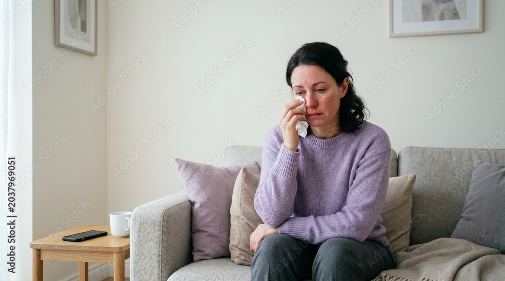 Fototapeta premium Woman sitting on couch crying while talking on the phone indoors 