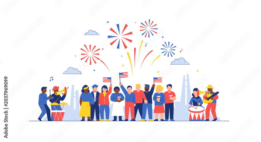 Fototapeta premium Diverse group of people celebrating with fireworks and music Vector