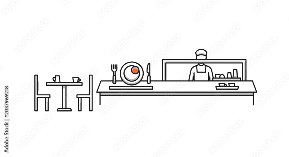 Obraz premium Restaurant interior with tables chairs and a chef preparing food behind the counter Vector