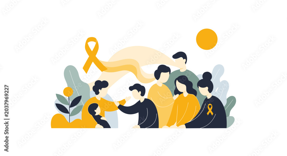 Fototapeta premium Community Support And Awareness For Childhood Cancer With Yellow Ribbons And Diverse People Vector