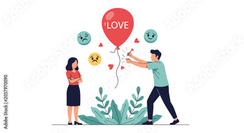 Man about to pop a red love balloon with a needle while a woman looks on with sadness and frustration in a strained relationship.