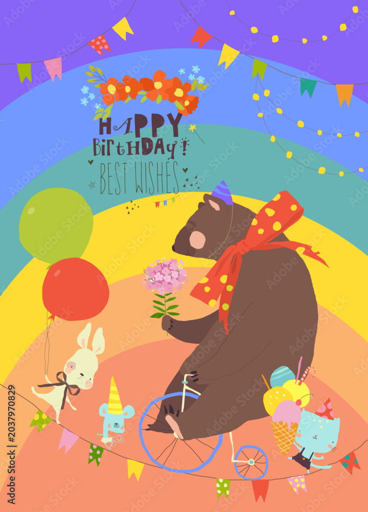 Fototapeta premium Cartoon Birthday card with Cute Bear riding Bicycle, Funny Cat , Rabbit and Mouse