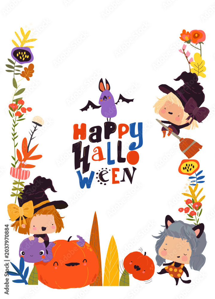 Naklejka premium Cute Cartoon Frame with Little Witch, Pumpkins and Plants