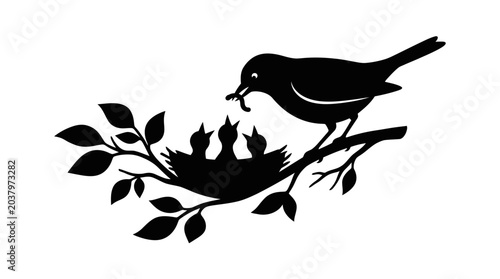 Cuadro en lienzo Bird feeding chicks in nest black silhouette on white background