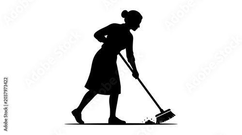 Cuadro en lienzo Woman Sweeping Silhouette Against White Background Domestic Chore Illustration
