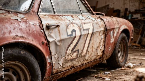 Vintage rusty racing car with numbered door in old garage