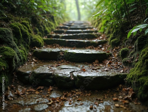 Old mossy stone stairs leading up into green forest