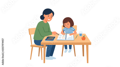 Mother teaching her daughter drawing shapes in a notebook at a table with an apple and water