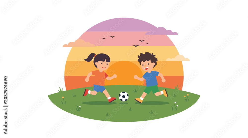 Naklejka premium Children playing soccer on a grassy field at sunset with a colorful sky