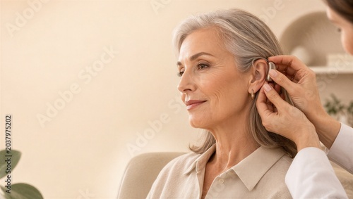 Audiologist fitting hearing aid for senior woman. Medical professional helping elderly patient with hearing loss. Modern healthcare technology for seniors at clinic. Improving quality of life