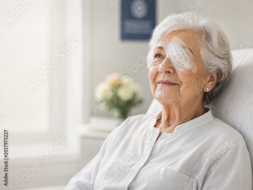 Senior woman with eye patch sitting in hospital chair after eye surgery. Patient recovery process and medical ophthalmology treatment. Healthcare and vision improvement concept