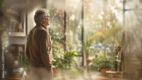 Elderly man looking through a bright window in a cozy sunlit room. Senior person standing indoors enjoying the view. Concept of reflection, peaceful retirement, and calm lifestyle