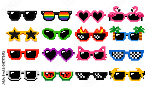 Variety of colorful pixel art sunglasses icons creating a retro digital design. Ideal for gaming, summer, party, and fashion themes