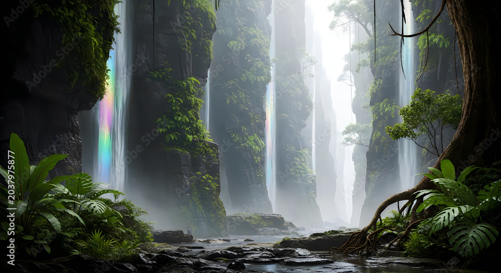 Fototapeta premium Waterfall cascading down mossy cliffs in tropical rainforest with rainbow mist
