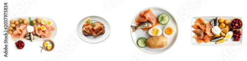 set of pictures for Traditional Swedish smörgåsbord buffet with herring, salmon, meatballs, cheeses, and crispbread
