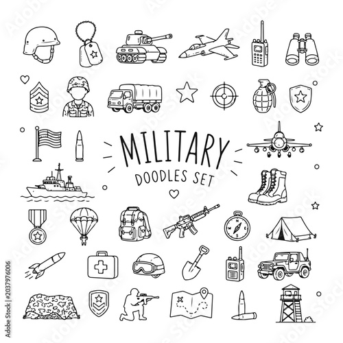 Military doodles set. Hand drawn vector doodle set on white background