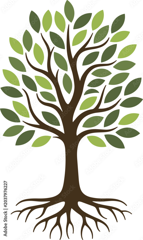 Fototapeta premium Stylized illustration of a brown tree with spreading branches and roots adorned with green leaves symbolizing growth and nature on a white background