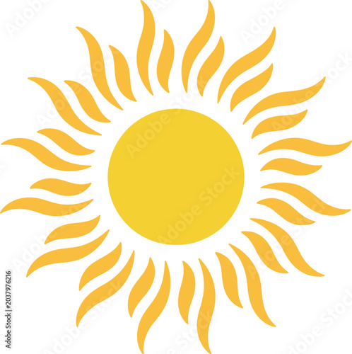 Photos Stylized bright yellow sun with orange wavy rays emanating outwards against a cl