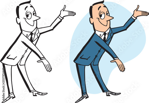 A vintage retro cartoon of a businessman gesturing towards something interesting. 